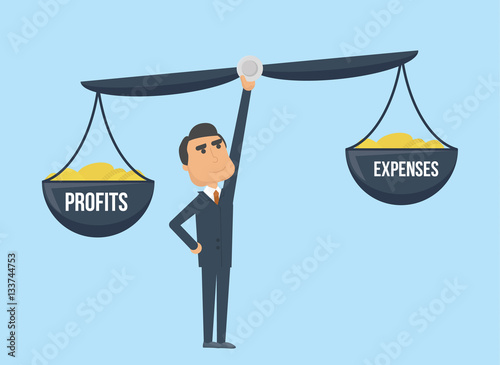 Businessman holding scale with profits on one cup and expenses on another.