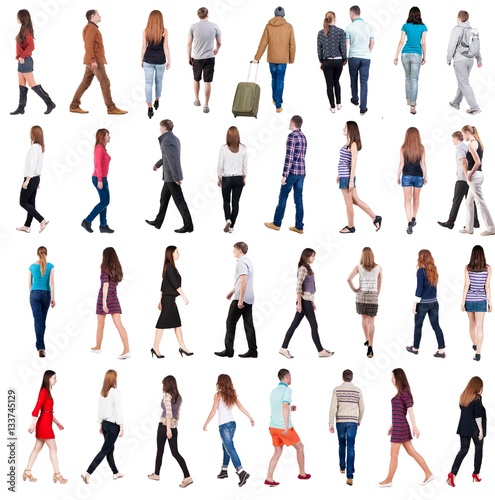 collection " back view of walking people ". going people in motion set. backside view of person. Rear view people collection. Isolated over white background.
