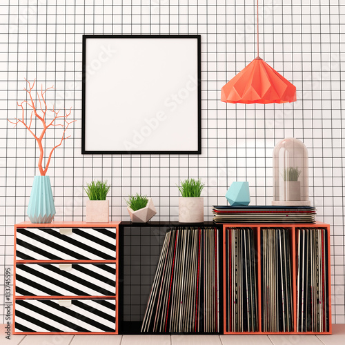 Mock up poster in the interior in the style of Memphis. 3d illustration. 3d render