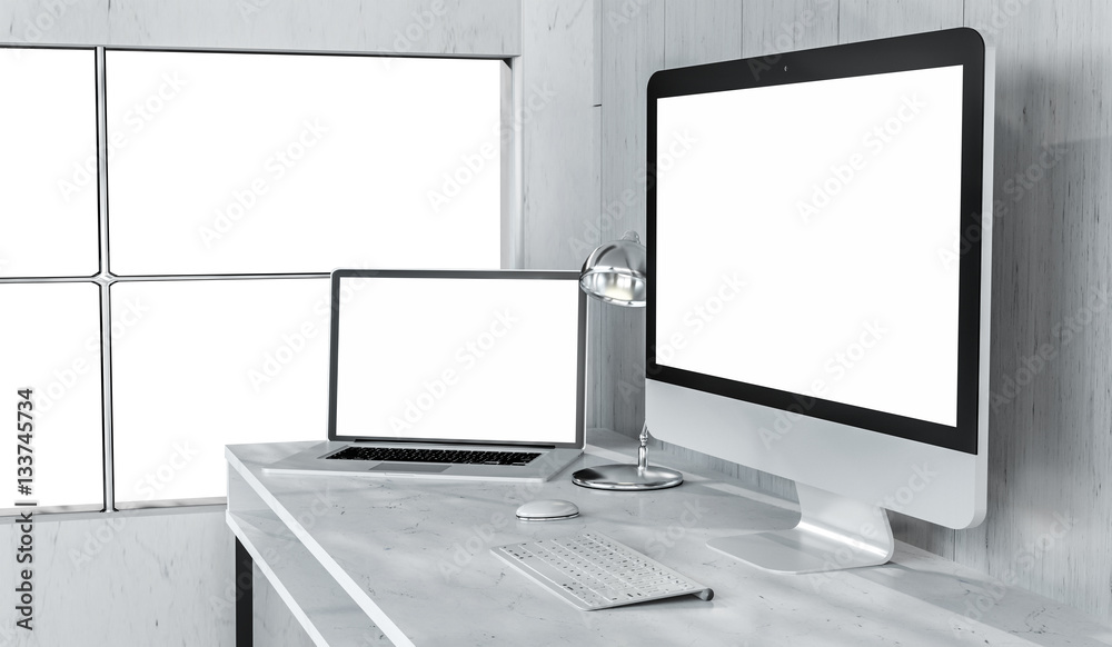 Fototapeta premium Modern desktop interior with computer and devices 3D rendering