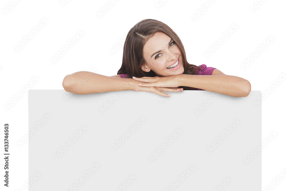 beautiful woman wearing casual dress with blank board