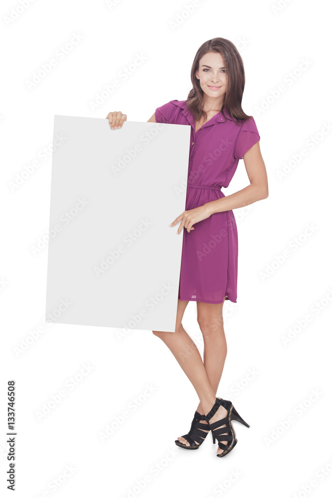 beautiful woman wearing casual dress holding blank board beautiful woman wearing casual dress holding blank board