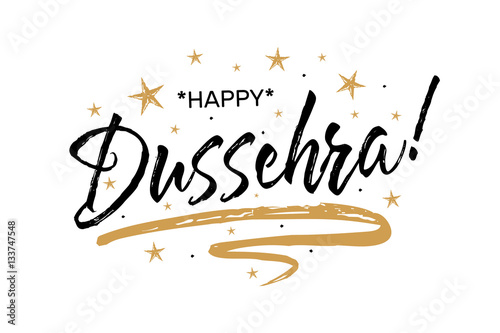 Happy Dussehra festival.Beautiful greeting card scratched calligraphy black text word gold stars.Hand drawn invitation T-shirt print design.Modern brush lettering white background isolated vector