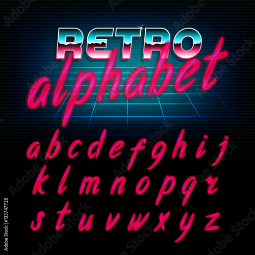 80's retro alphabet font. Glow effect shiny lowercase letters. Vector typeface for flyers, headlines, posters etc.