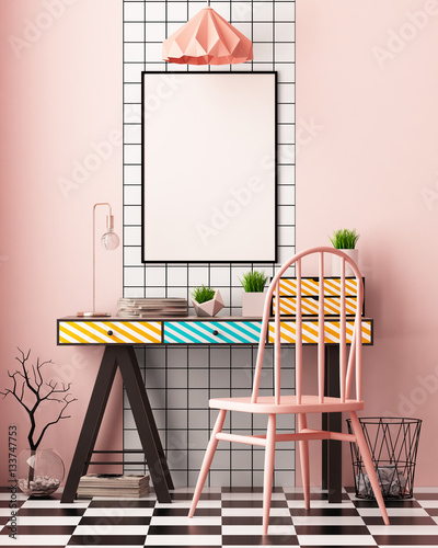 Mock up poster in the interior in the style of Memphis. 3d illustration. 3d render