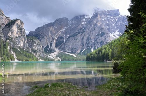 Braies lake in a cloudy day  Dolomites  Italy