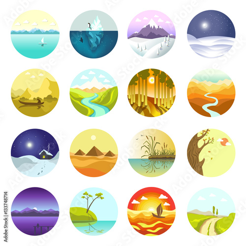 Flat vector landscapes icons set.