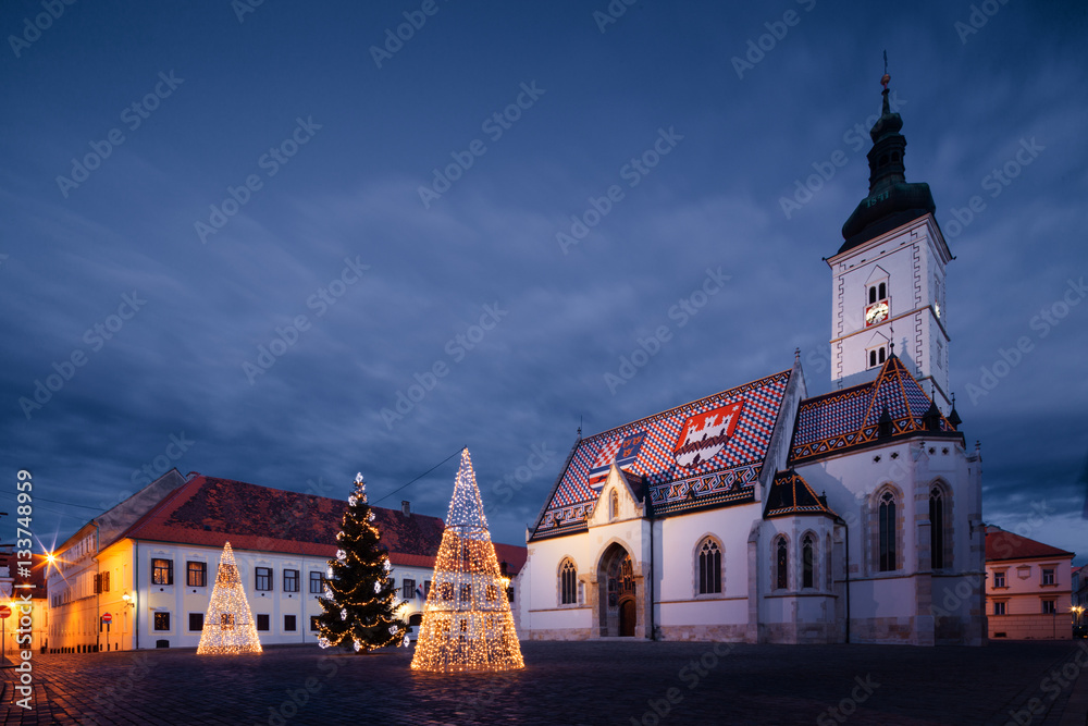 Church of St. Mark in St.Mark's square in upper town called Gornij Grad - historical part of Zagreb with middle houses and churches