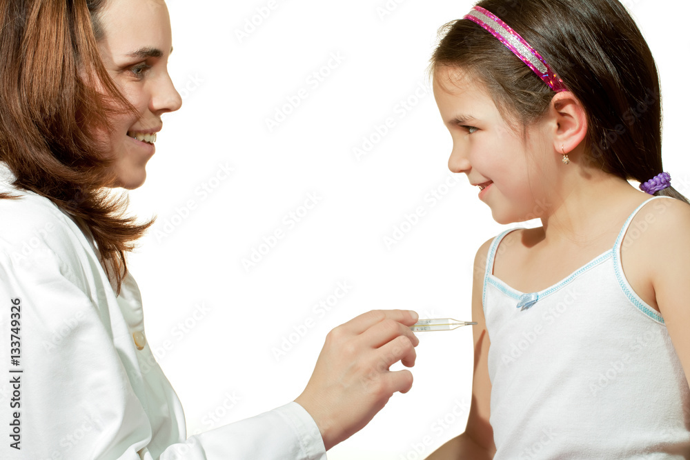 male doctor with child measuring temperature in hospital male doctor with child measuring temperature in hospital