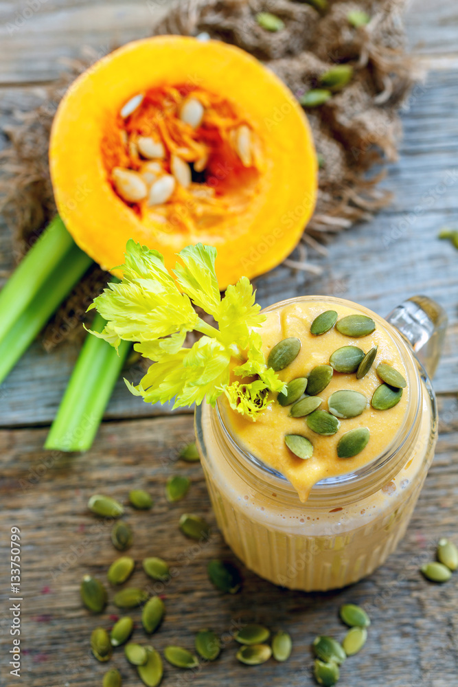 Healthy pumpkin smoothie with celery and bananas. Healthy pumpkin smoothie with celery and bananas.