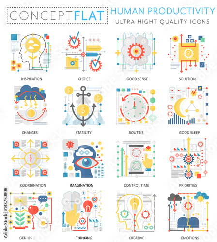 Infographics mini concept Human productivity icons for web. Premium quality color conceptual flat design web graphics icons elements. Human productivity concepts.