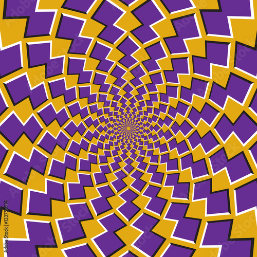 Optical motion illusion background. Purple shapes revolve around the center on yellow background.