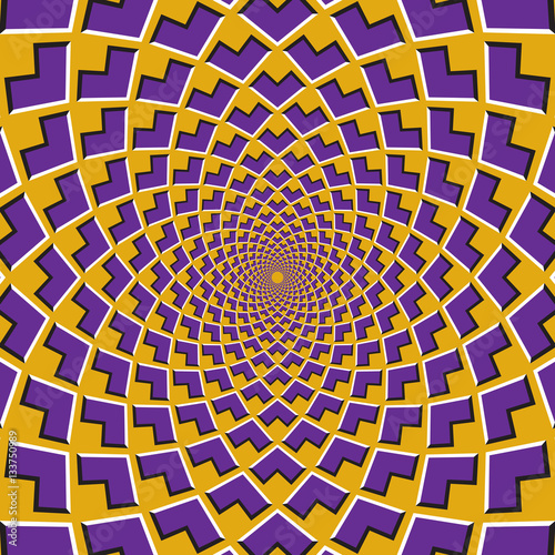 Optical motion illusion background. Purple corners flock together circularly to the center on yellow background.