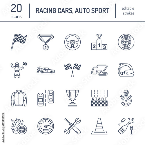 Car racing vector line icons. Speed auto championship signs - track, automobile, racer, helmet, checkers flags, steering wheel. Linear pictogram set with editable stroke for sport event, fan store.