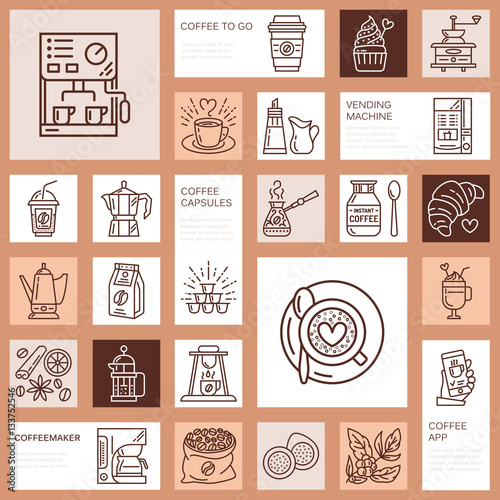 Coffee making equipment vector line icons. Tools - moka pot, french press, coffee grinder, espresso, vending, plant. Linear restaurant, shop pictogram with editable stroke for menu.