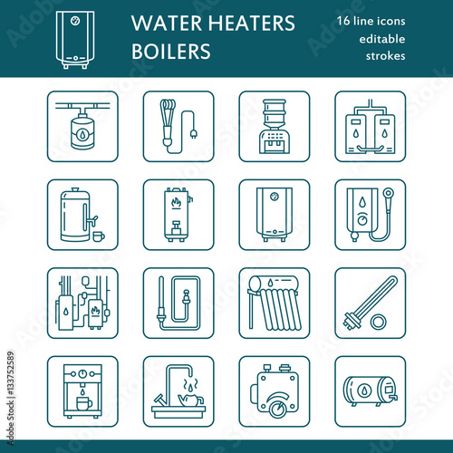 Water heater, boiler, thermostat, electric, gas, solar heaters and other house heating equipment line icons. Thin linear pictogram with editable strokes for hardware store. Household appliances signs.