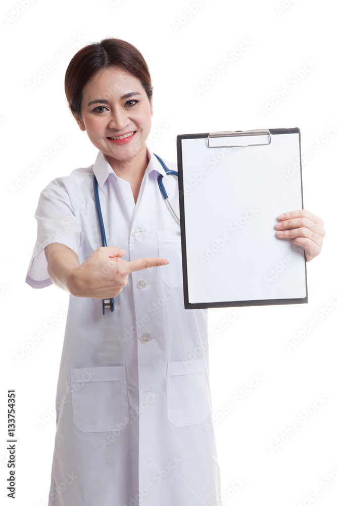 Young Asian female doctor point to a blank clipboard. Young Asian female doctor point to a blank clipboard.