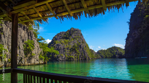 Photo Tropical Island Lagoon and Cliffs, View From Bamboo Bungalow - Coron, Palawan -