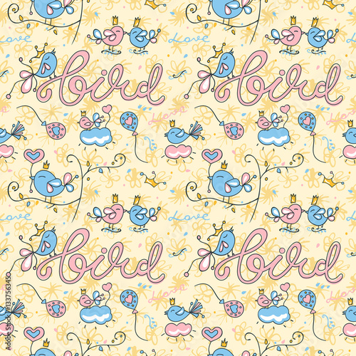 Seamless pattern loving birds with crown. Background abstract flowers. Cartoon style. Kissing birds. Can be used for greeting cards for the wedding, Textile, Valentine's Day. EPS file is layered.