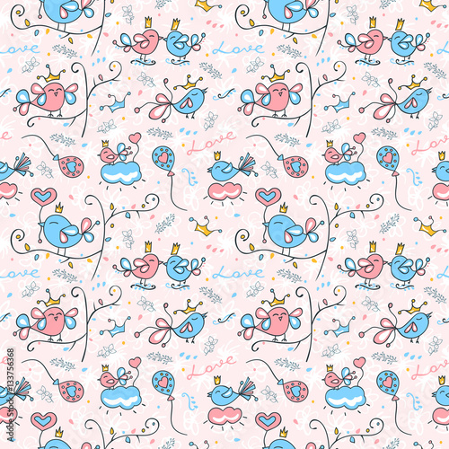Seamless pattern with cute birds. Background with flowers for the holiday,textile.