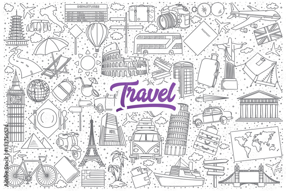 Hand drawn set of travel doodles with bright purple lettering in vector