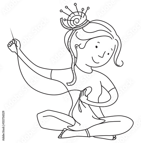 Girl sewing, line vector