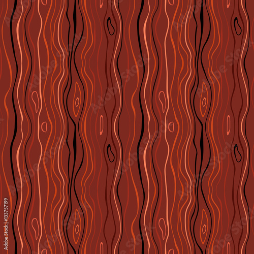 Seamless striped nature pattern. Vertical narrow wavy lines. Bark, branches of trees, tropical forest theme texture. Brown, orange, red colored background. Vector