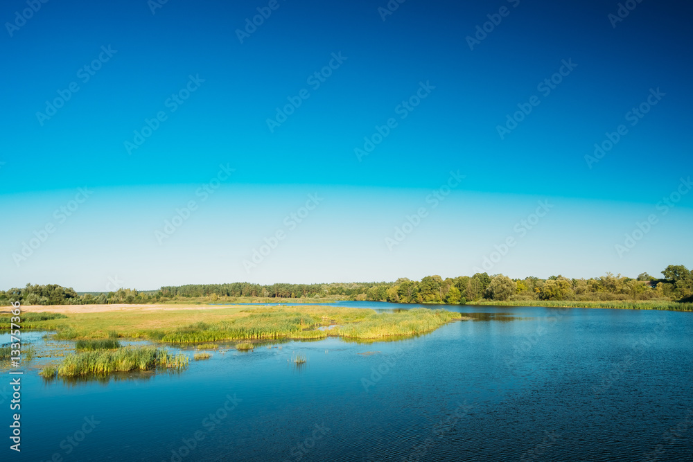 Lake Pond River At Summer Sunny Day. Nature Background. Copy Space