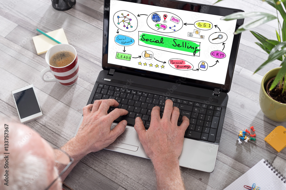 Fototapeta premium Social selling concept on a laptop screen