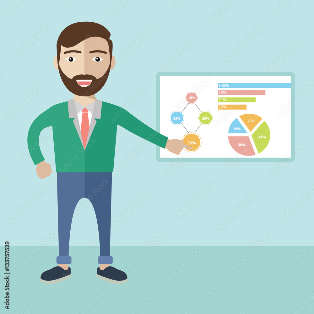 The man with a beard presenting his report through infographics. Reporting concept. Vector flat design illustration.