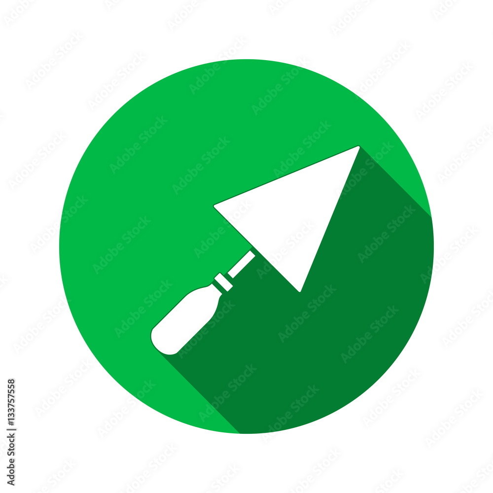 Tool icon. Spattle, surfacer, plastering instrument. Work, job, labour, toil, repair, building symbol. White sign on round green button with long shadow. Vector isolated Tool icon. Spattle, surfacer, plastering instrument. Work, job, labour, toil, repair, building symbol. White sign on round green button with long shadow. Vector isolated