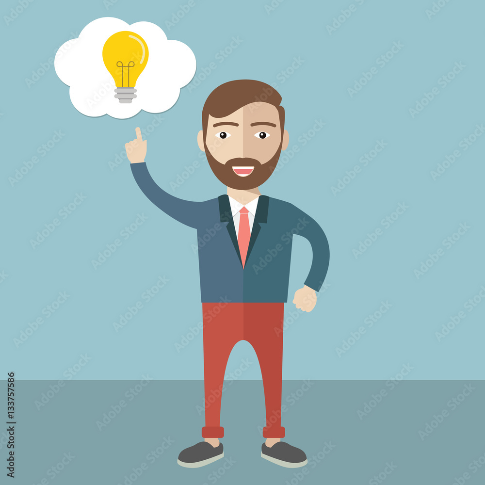 The businessman with a beard pointing to the bulb. Idea concept. Vector flat design illustration. Horizontal layout with a text space in a left.