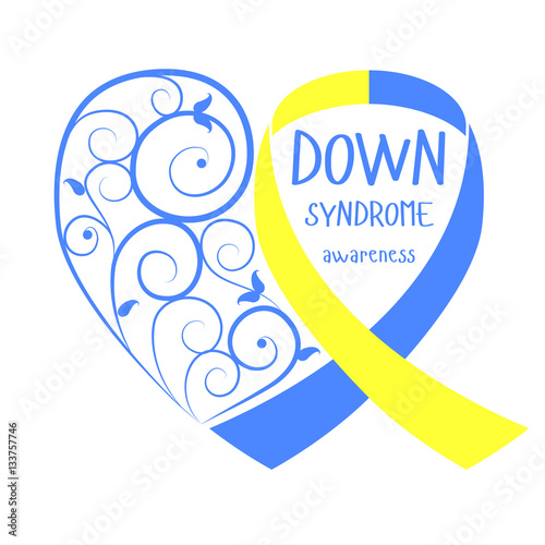 World Down Syndrome Day. Symbol of Down Syndrome. Yellow and blue ribbon heart. Medical vector illustration. Health care