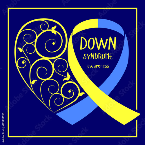 World Down Syndrome Day. Symbol of Down Syndrome. Yellow and blue ribbon heart. Medical vector illustration. Health care
