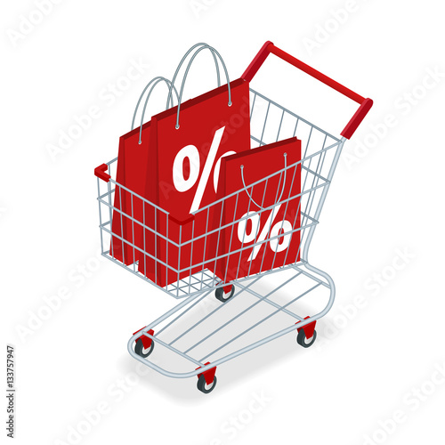Food basket DISCOUNT or shopping cart with gifts and discounts. Shopping trolley with Big pile of colorful wrapped gift boxes isolated on white. Shopping at supermarket.