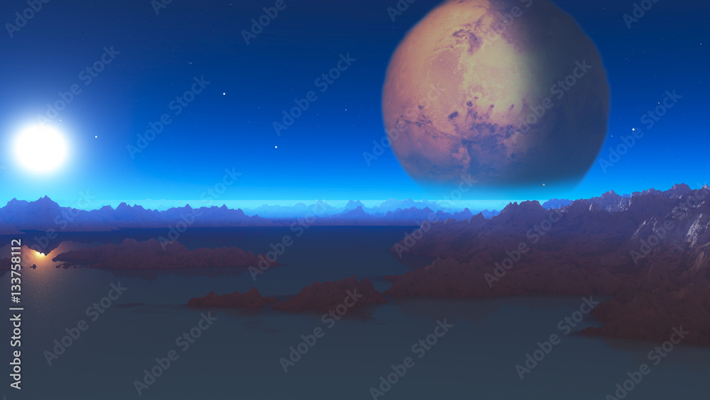 3d illustration science-fiction landscape with water, rocks and one planet in background