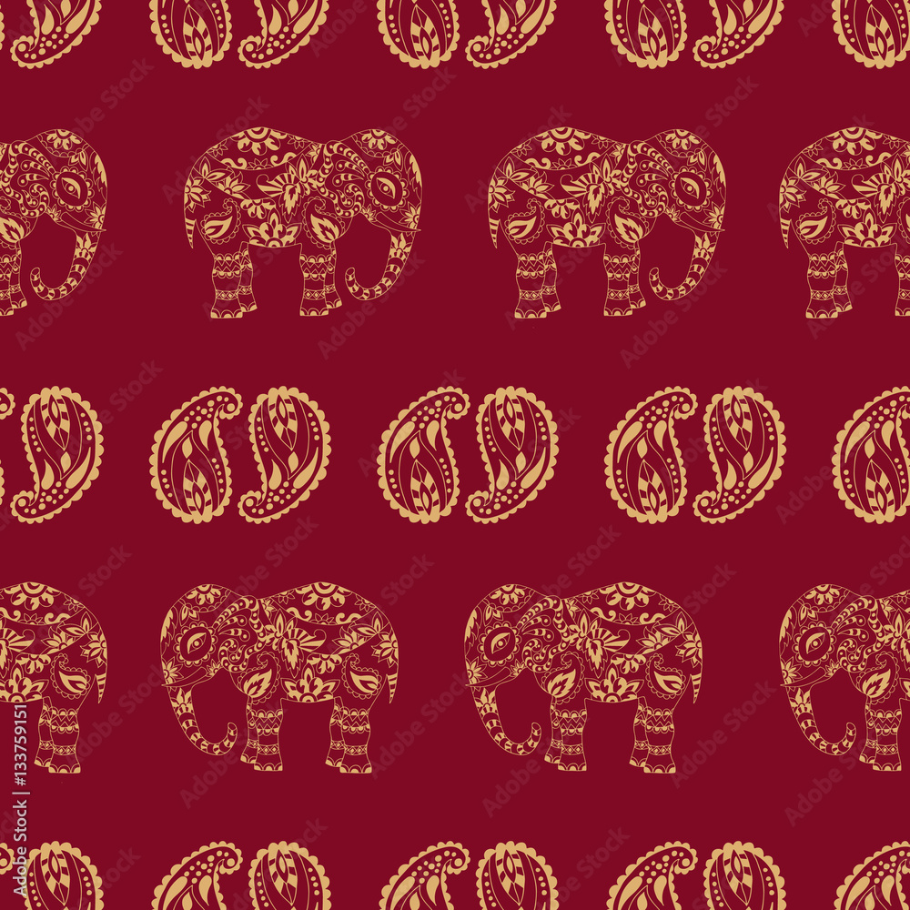 Endless texture with stylized patterned elephant and paisley in Endless texture with stylized patterned elephant and paisley in