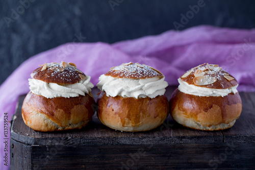Semla traditional swedish homemade sweet roll bun baked in various forms in the Nordic countries on Shrove Monday and Shrove Tuesday