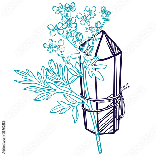 Vector magic crystal and a sprig of flower. Botanical illustration with crystal and herb.