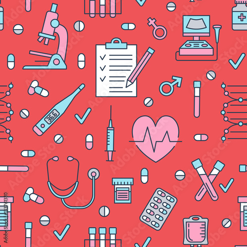 Seamless pattern medical icons, clinic vector illustration. Hospital thin line signs - thermometer, check up, diagnostic, microscope, stethoscope. Cute repeated texture for business presentation.
