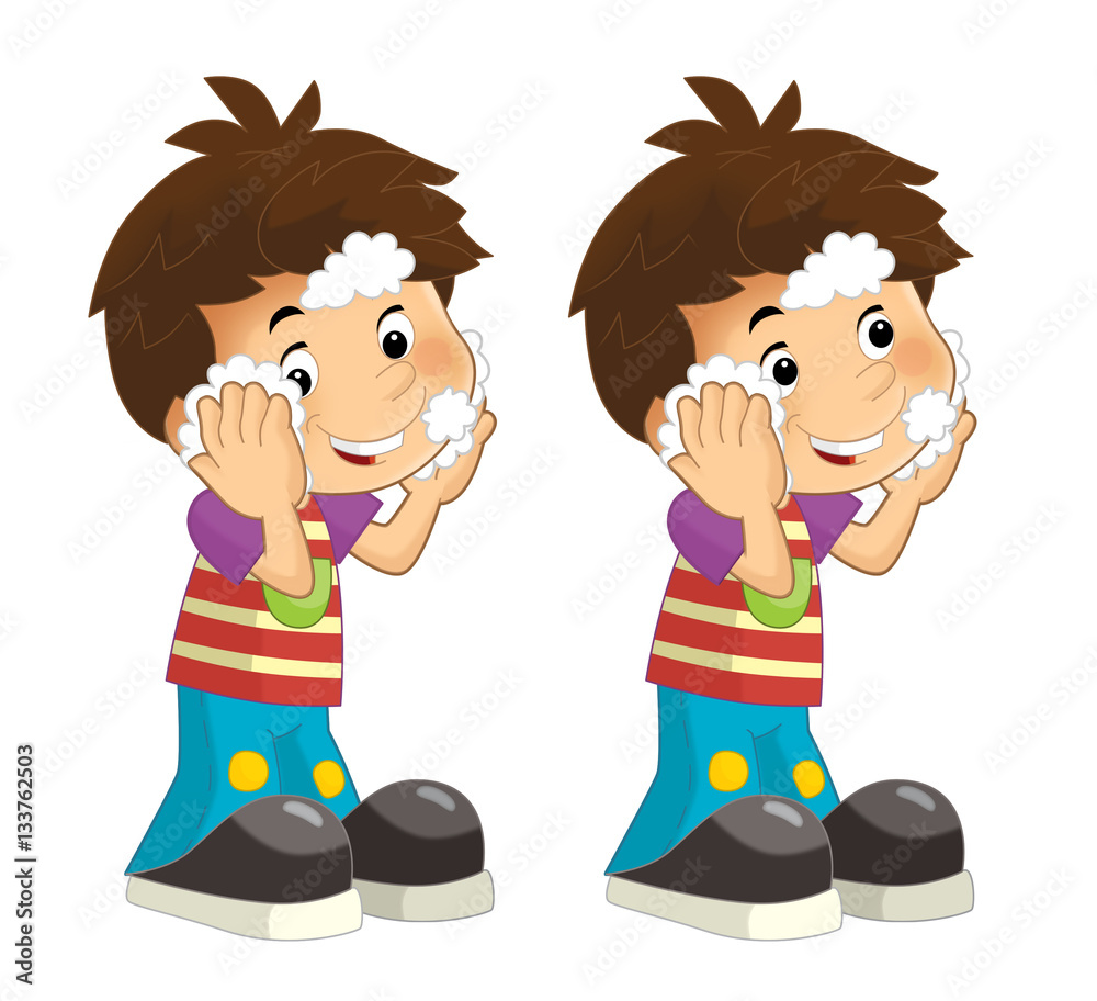 Cartoon set of young boys standing and washing up face - illustration for  children Stock Illustration | Adobe Stock
