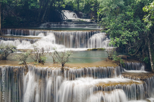 Fototapeta Naklejka Na Ścianę i Meble -  Deep forest waterfall at Erawan waterfall National Park Kanjanaburi Thailand