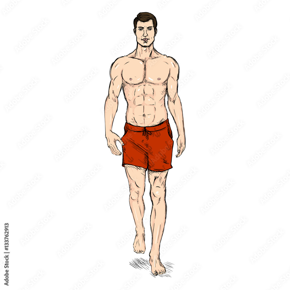 Fototapeta premium Vector ketch Fashion Male Model in Blue Beach Shorts