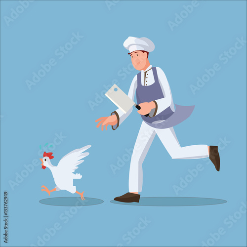 Chef chasing chicken flat illustration
