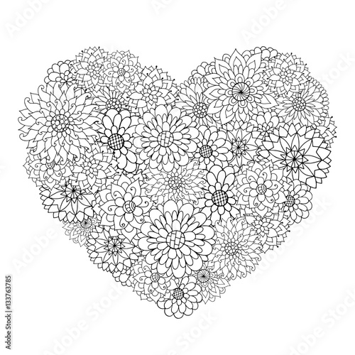 Hand drawn flower heart for adult anti stress.