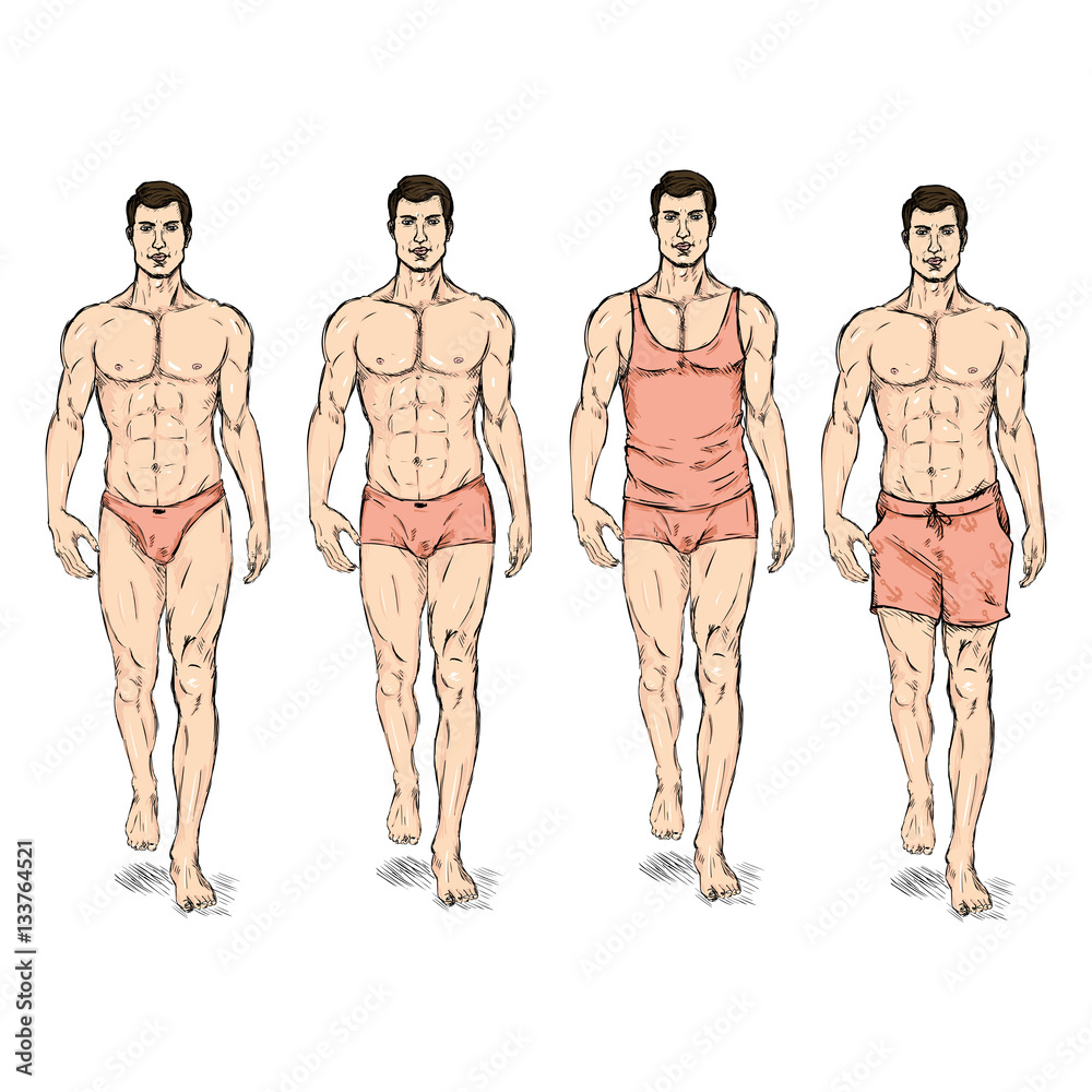 Vector Set of Sketch Fashion Male Models. Underwear. Stock Vector