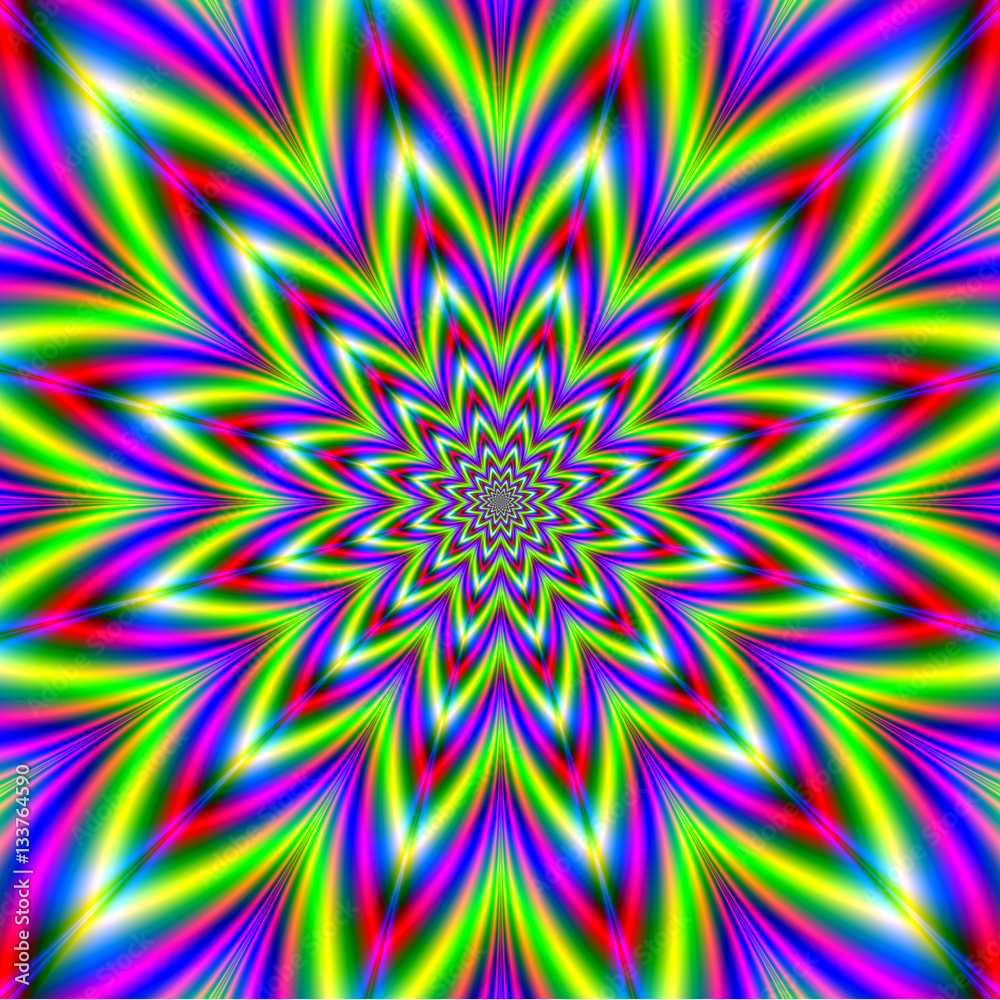 Green and Violet Star / An abstract fractal image with a star in star design in green, yellow, pink, red and violet.