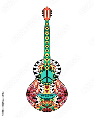 Hand drawn hippie acoustic guitar for anti stress colouring page photo