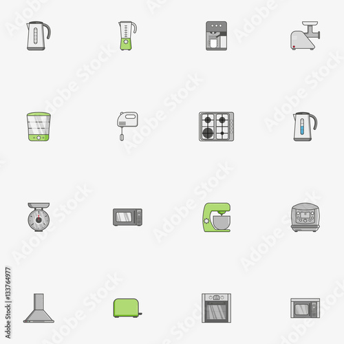 Set of flat isolated icons for kitchen equipment such as kettle, oven, microwave, blender, mixer, steamer, coffee machine, scales, meat grinder 
