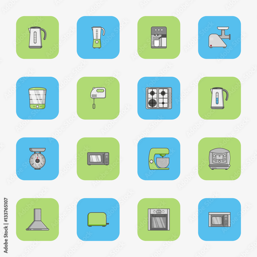 Set of flat dquare icons for kitchen equipment such as kettle, oven, microwave, blender, mixer, steamer, coffee machine, scales, meat grinder
Set of flat dquare icons for kitchen equipment such as kettle, oven, microwave, blender, mixer, steamer, coffee machine, scales, meat grinder